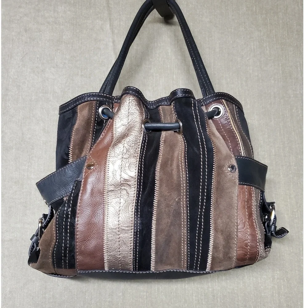 Fossil Y2K Hobo Patchwork Leather Suede Bag Brown Black Bronze Metallic M